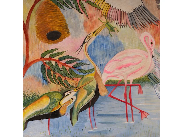 Pilipili mulongoy (1914-2007), untitled (cranes and flamingos), oil on canvas, ca. 1970, 91 x 140 cm. (35.82 x 55.11 in.) - afbeelding 7 van  7
