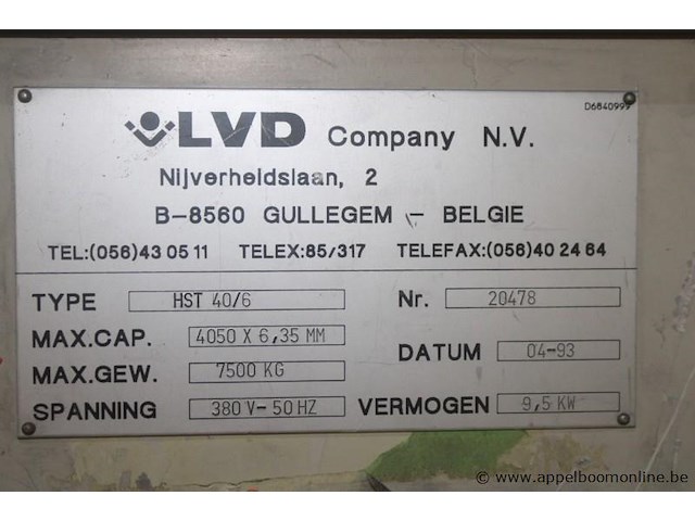 Plaatschaar lvd hst 40/6, bouwjaar 1993, serienummer 20478, 9,5 kw, 380 v, 4050 x 6,35 mm, 7.500 kg, voetpedaal, werking niet gekend - afbeelding 5 van  5