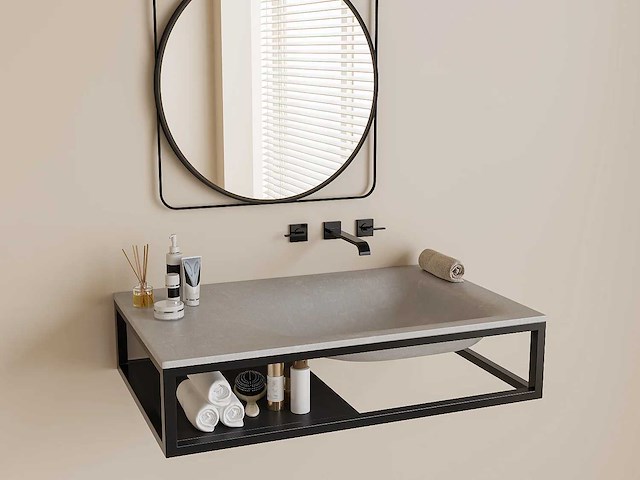 Plan vasque rectangulaire en béton et acier inoxydable - gris et noir - afbeelding 1 van  7