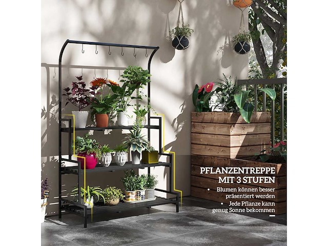 Plantenstandaard met drie lagen, bloemenplank met 6 haken - afbeelding 4 van  9