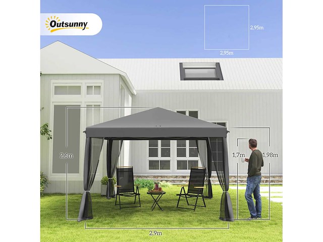 Pop-up gazebo barnum opvouwbare koloniale stijl 3 x 3 m 4 muskietennetten + grijze draagtas - afbeelding 3 van  3