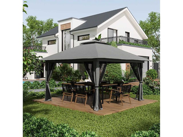 Pop-up opvouwbare tuintent met uv-bescherming 50+ met 4 geritste muggennetten 4 x 4 m grijs - afbeelding 1 van  6