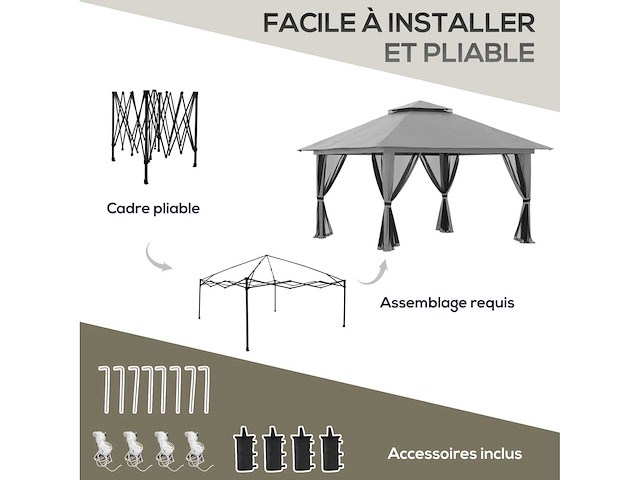 Pop-up opvouwbare tuintent met uv-bescherming 50+ met 4 geritste muggennetten 4 x 4 m grijs - afbeelding 5 van  6