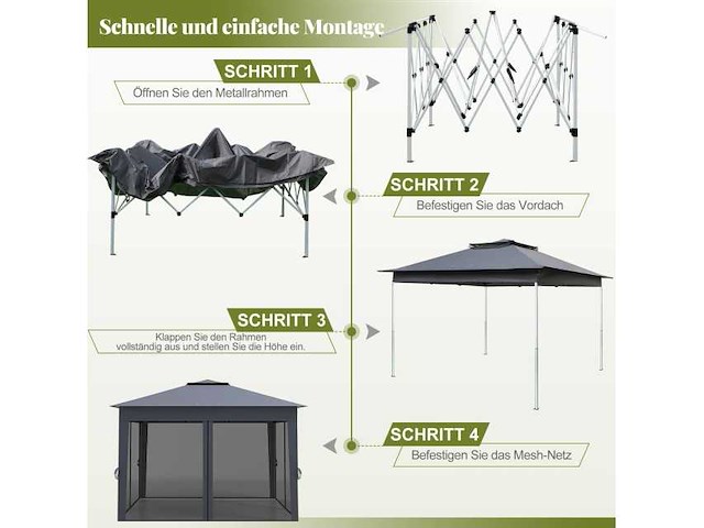 Pop-up vouwbare tuinprieel 3,4 x 3,4 m met 4 muskietennetten - afbeelding 2 van  6