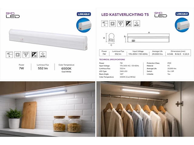 Praktische led onderbouwlamp – 7w – 6400k koud wit – ip20 – sigma-7 (10 stuks) - afbeelding 3 van  5