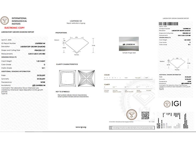 Princess diamant 1.02ct – d/vs1 – igi - afbeelding 4 van  4