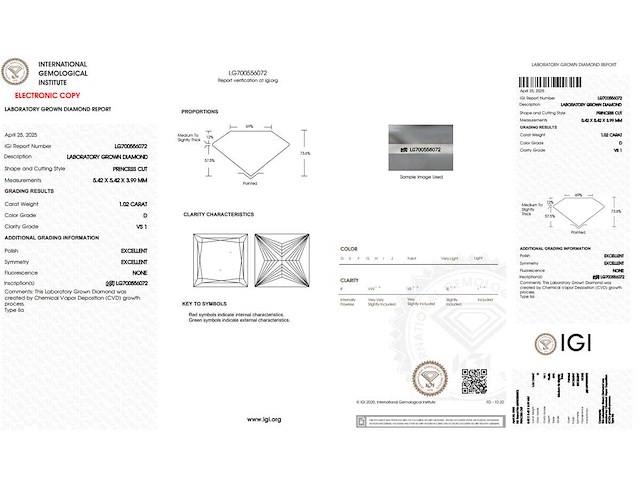 Princess diamant 1.02ct – d/vs1 – igi - afbeelding 4 van  4