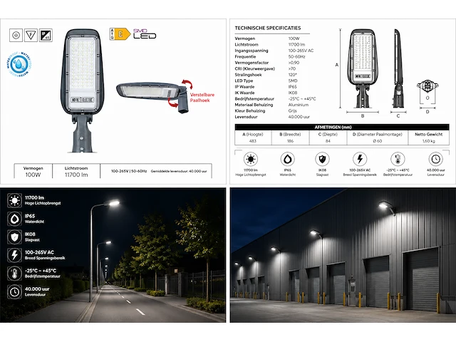 Professionele led straatlamp – 100w – 6400k koud wit – ip65 – florida-100 (5 stuks) - afbeelding 3 van  5