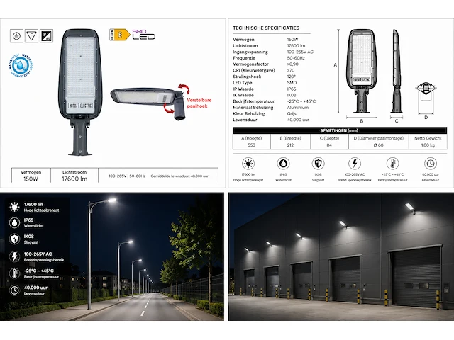 Professionele led straatlamp – 150w – 6400k koud wit – ip65 – florida-150 (5 stuks) - afbeelding 3 van  5