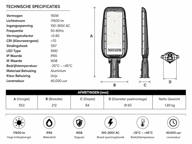 Professionele led straatlamp – 150w – 6400k koud wit – ip65 – florida-150 (5 stuks) - afbeelding 5 van  5