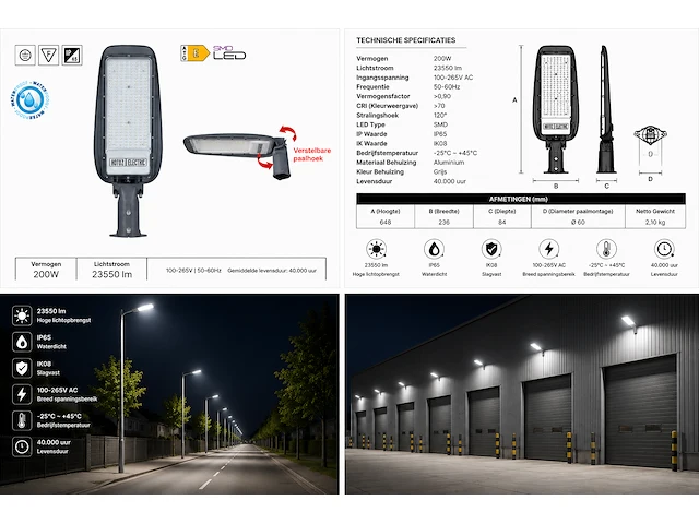 Professionele led straatlamp – 200w – 6400k koud wit – ip65 – florida-200 (5 stuks) - afbeelding 3 van  5