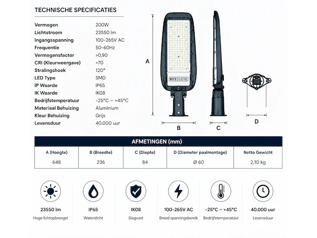 Professionele led straatlamp – 200w – 6400k koud wit – ip65 – florida-200 (5 stuks) - afbeelding 5 van  5