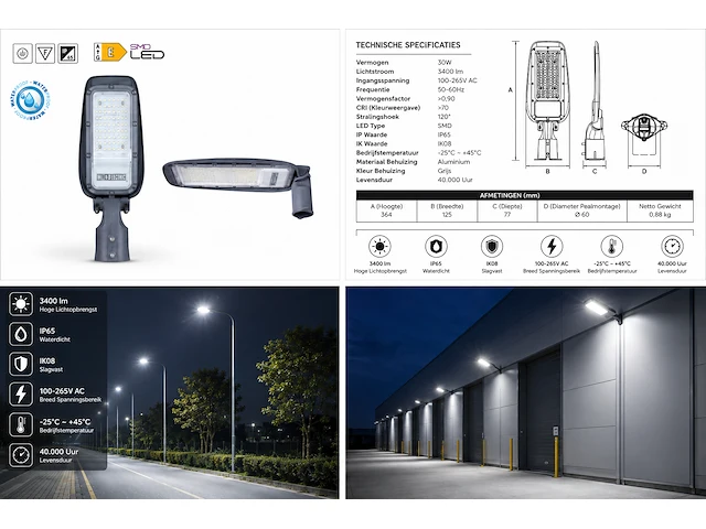 Professionele led straatlamp – 30w – 6400k koud wit – ip65 – florida-30 (10 stuks) - afbeelding 3 van  5