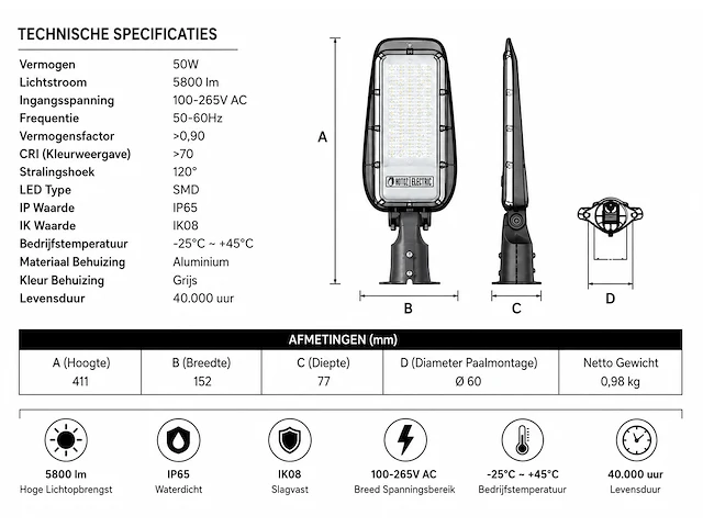 Professionele led straatlamp – 50w – 6400k koud wit – ip65 – florida-50 (10 stuks) - afbeelding 5 van  5