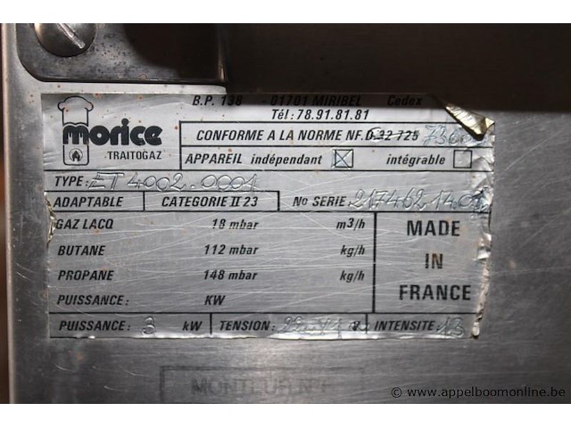 Professionele oven morice et4002.0001, serienummer 2174621400, 3 kw, 230 v, roestvrij staal, werking niet gekend - afbeelding 2 van  2