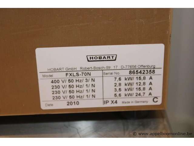 Professionele vaatwasser hobart fxls-70n, bouwjaar 2010, serienummer 86542358, elektrisch, roestvrij staal, 2x vaatwasrek, werking niet gekend - afbeelding 2 van  3
