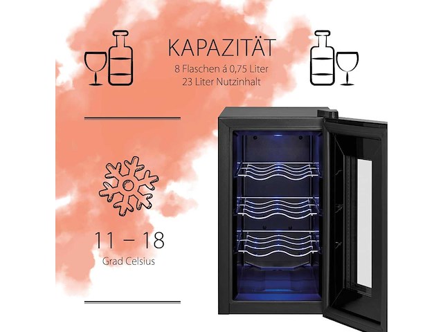 Proficook® wijnkelder voor 8 flessen, met uv-bestendige glazen deur, wijnkoeler met led-verlichting - afbeelding 3 van  6