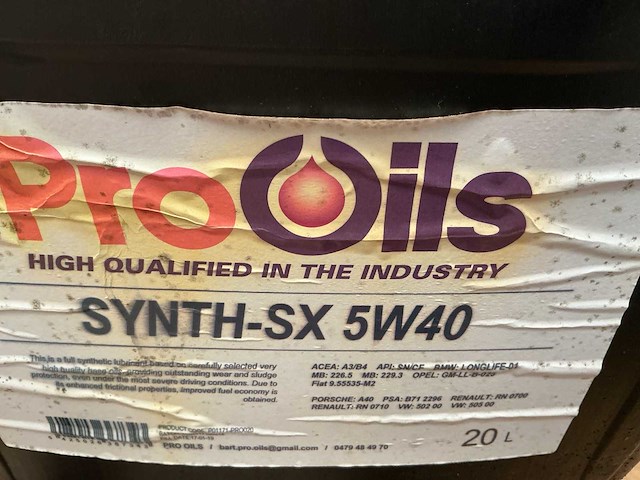Prooils,inhoud 20 liter sx 5 w40 synthetische motorolie - afbeelding 2 van  2