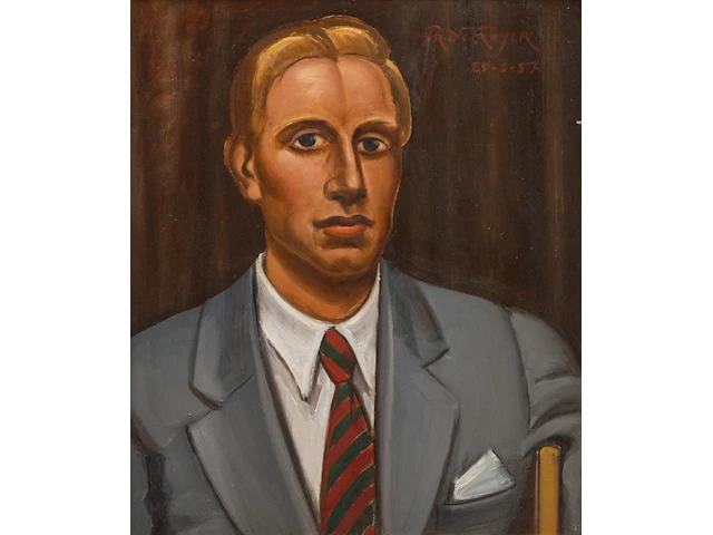 Prosper de troyer (1880-1961), portrait of a dandy, 1957, oil on unalit 60 x 50 cm. (23.62 x 19.67 in.), frame: 81 x 71 cm. (31.89 x 27.94 in.) - afbeelding 1 van  5