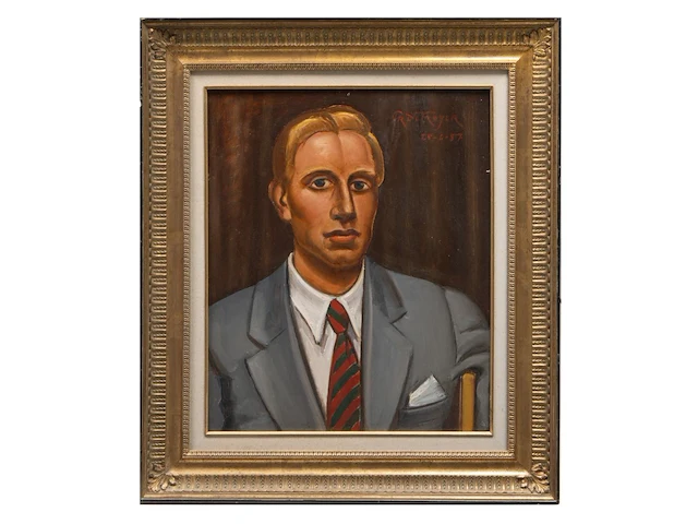 Prosper de troyer (1880-1961), portrait of a dandy, 1957, oil on unalit 60 x 50 cm. (23.62 x 19.67 in.), frame: 81 x 71 cm. (31.89 x 27.94 in.) - afbeelding 2 van  5
