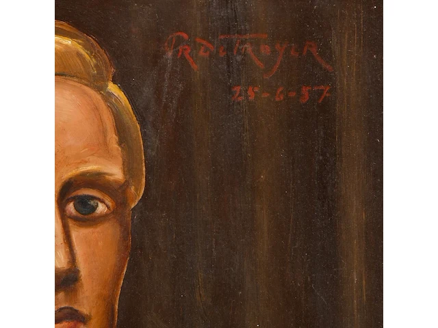 Prosper de troyer (1880-1961), portrait of a dandy, 1957, oil on unalit 60 x 50 cm. (23.62 x 19.67 in.), frame: 81 x 71 cm. (31.89 x 27.94 in.) - afbeelding 4 van  5