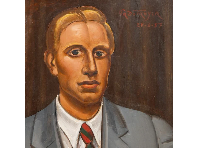 Prosper de troyer (1880-1961), portrait of a dandy, 1957, oil on unalit 60 x 50 cm. (23.62 x 19.67 in.), frame: 81 x 71 cm. (31.89 x 27.94 in.) - afbeelding 5 van  5