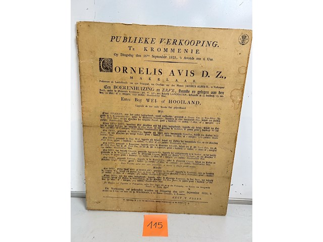 Publieke verkooping affiche krommenie 1823 - afbeelding 1 van  1