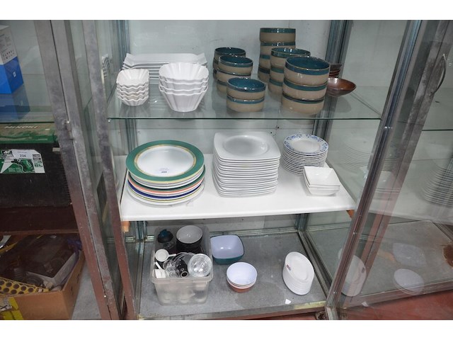 Pvc bak met porseleinen potjes, kartonnen doos met kommen en borden, 18 vierkante borden, 11 pasta borden, 6 rechthoekige borden, 13 ronde bordjes (6,16,23,24,25,26) - afbeelding 1 van  11
