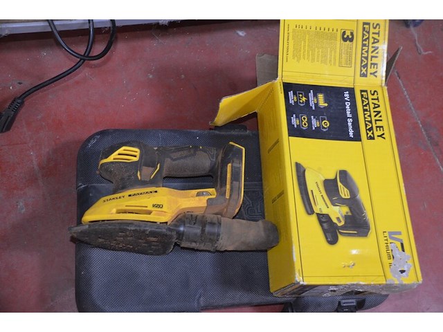 Pvc koffer gevuld met klein handgerief, schuurmachine stanley v20, alarm systeem sigmatek, lithium charger 60v10a - afbeelding 4 van  9