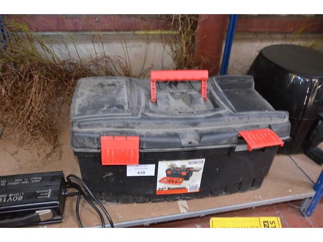Pvc koffer gevuld met klein handgerief, schuurmachine stanley v20, alarm systeem sigmatek, lithium charger 60v10a - afbeelding 8 van  9
