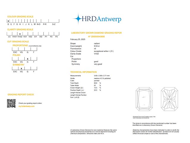 Radiant diamant 0.53ct – d/vvs2 – hrd - afbeelding 4 van  4