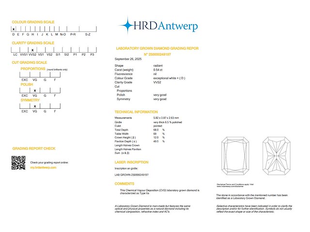 Radiant diamant 0.54ct – d/vvs2 – hrd - afbeelding 4 van  4