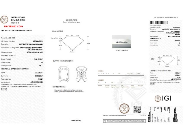 Radiant diamant 1.52ct – d/vs1 – igi - afbeelding 4 van  4
