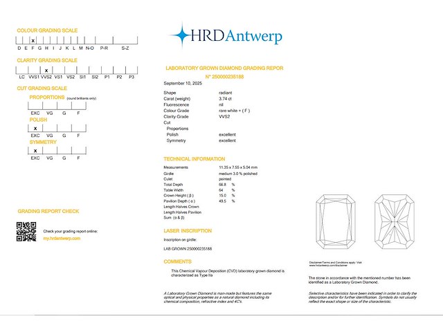 Radiant diamant 3.74ct – f/vvs2 – hrd - afbeelding 4 van  4