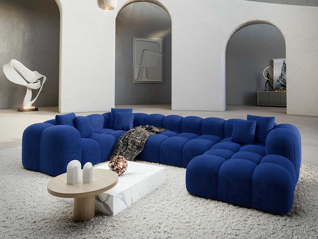 Rechte panoramische bank - blauw fluweel - afbeelding 1 van  7