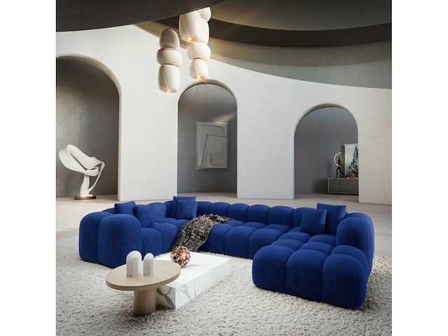 Rechte panoramische bank - blauw fluweel - afbeelding 2 van  7