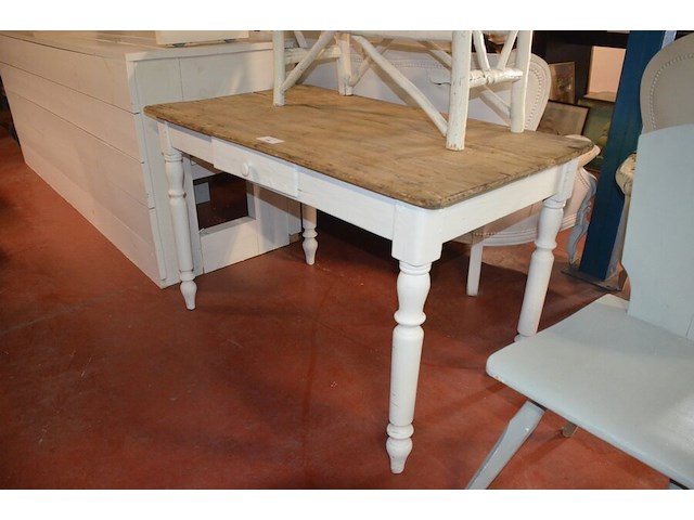 Rechthoekige houten tafel wit met houten blad afm. 115x66x73, wit houten bankje afm. 79x34x40, wit houten stoel - afbeelding 5 van  9
