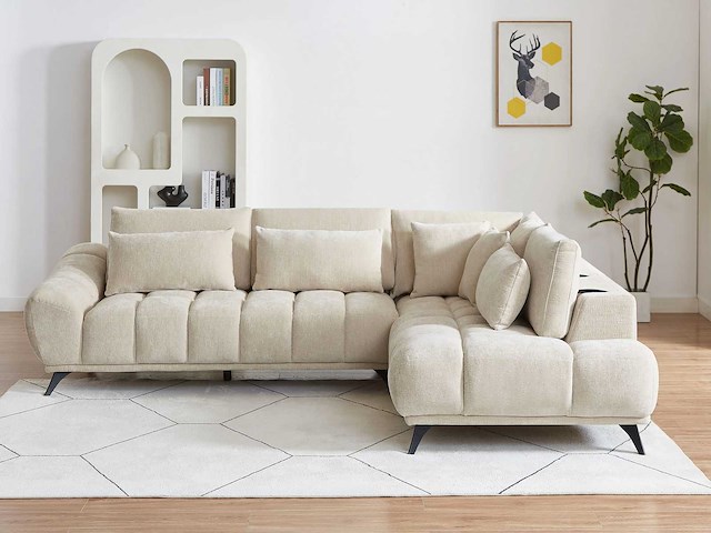 Rechtshoekbank met beige fluwelen rugleuning met textuur - afbeelding 7 van  8