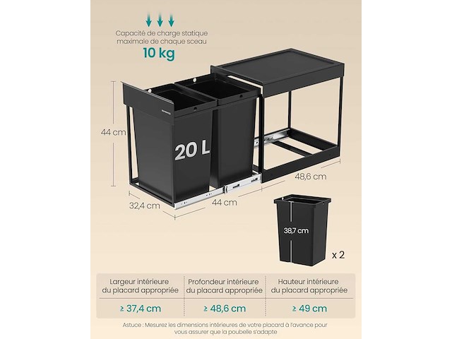 Recyclebak, uitschuifbare uitschuifbare keukenbak, 2 x 20 l bakken (x2) - afbeelding 4 van  7