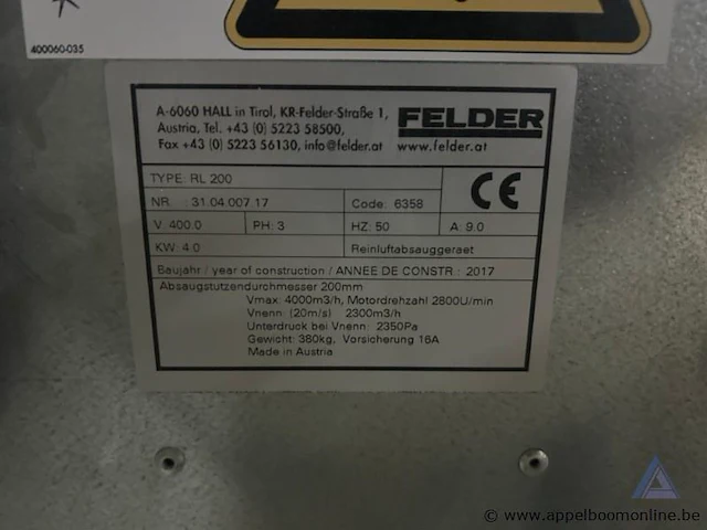 Reinluftafzuiger felder rl 200, bouwjaar 2017, 400 v, 4 kw, 3 fasen, inclusief afzuigslang en opvangzakken. werking niet gekend, serienummer 31.04.007.17, 4000 m³/u, 380 kg - afbeelding 1 van  3