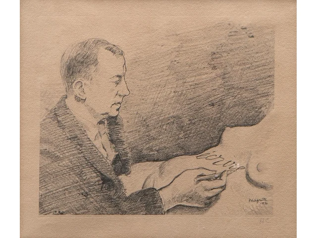 René magritte (1898-1967), 'ecrire, portrait de paul eluard', etching, h.c. 31 x 36.5 cm. (12.19 x 14.36 in.), frame: 61 x 64.5 cm. (24.01 x 25.39 in.) - afbeelding 1 van  5