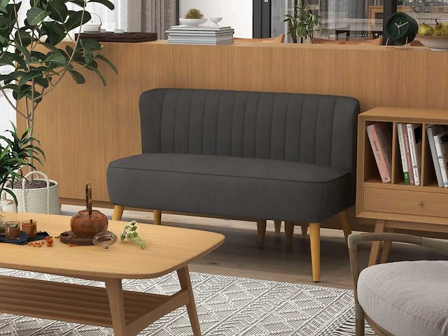 Retro 2-zits designer bank met houten poten - donkergrijs - afbeelding 1 van  7