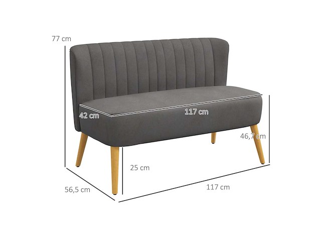 Retro 2-zits designer bank met houten poten - donkergrijs - afbeelding 4 van  7