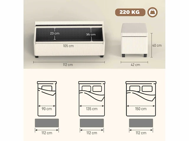 Ribfluwelen opbergbank aan het einde van het bed met deksel - 112 x 42 x 40 cm, beige - afbeelding 3 van  5
