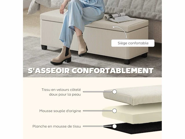 Ribfluwelen opbergbank aan het einde van het bed met deksel - 112 x 42 x 40 cm, beige - afbeelding 5 van  5