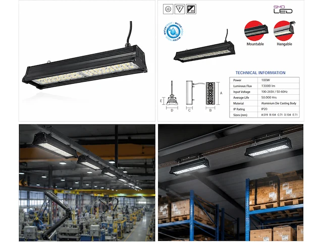 Robuuste led industriële hanglamp – 100w – 6400k koud wit – ip20 – pyramid-100 (6 stuks) - afbeelding 3 van  5