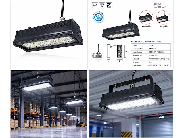 Robuuste led industriële hanglamp – 50w – 6400k koud wit – ip20 – pyramid-50 (6 stuks) - afbeelding 4 van  5