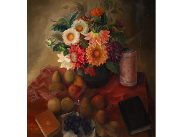 Rodolphe strebelle (1880-1959), still life with flowers, fruit and books, oil on a cradled panel 75 x 71 cm. (29.53 x 27.94 in.), frame: 106 x 102 cm. (41.72 x 40.15 in.) - afbeelding 1 van  5