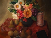 Rodolphe strebelle (1880-1959), still life with flowers, fruit and books, oil on a cradled panel 75 x 71 cm. (29.53 x 27.94 in.), frame: 106 x 102 cm. (41.72 x 40.15 in.)