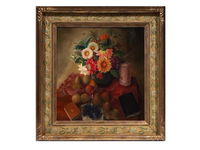 Rodolphe strebelle (1880-1959), still life with flowers, fruit and books, oil on a cradled panel 75 x 71 cm. (29.53 x 27.94 in.), frame: 106 x 102 cm. (41.72 x 40.15 in.) - afbeelding 2 van  5